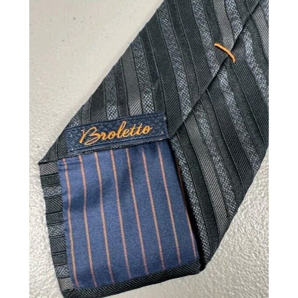 Broletto Necktie Black Gray Striped Pattern Silk Mens 3" 58"
